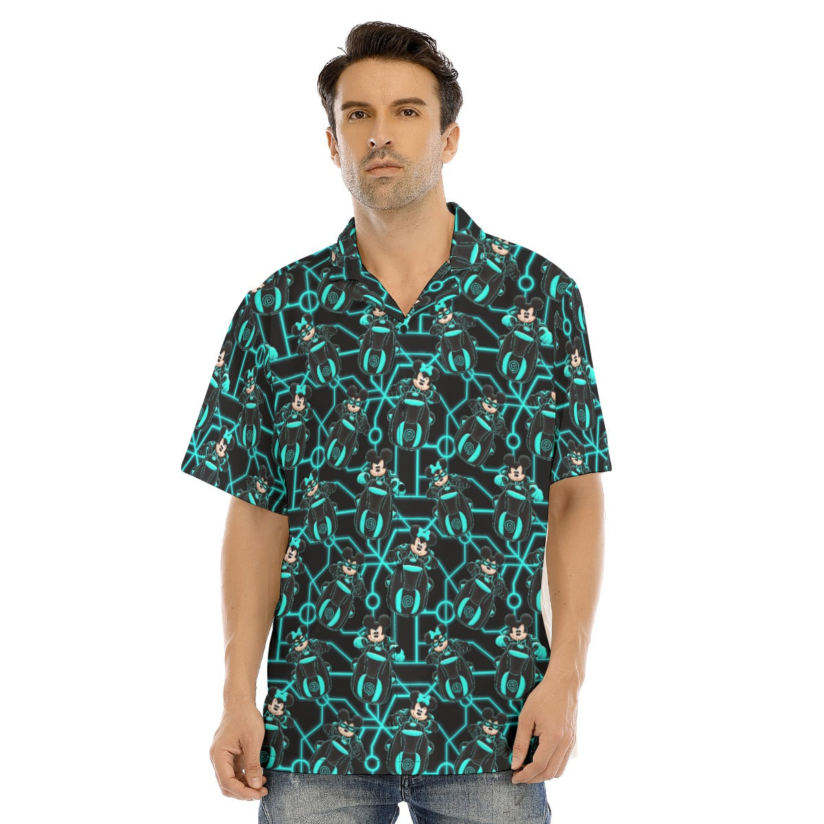 Electric Neon Grid Adventure - Men's Hawaiian Button Up Shirt