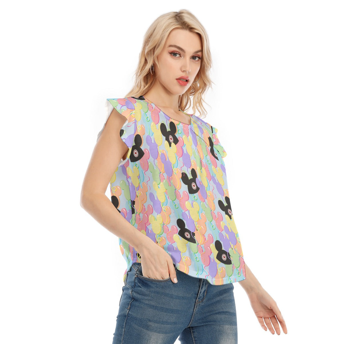 Pastel Mouse Ear Balloons - Women’s Flutter Sleeve Top