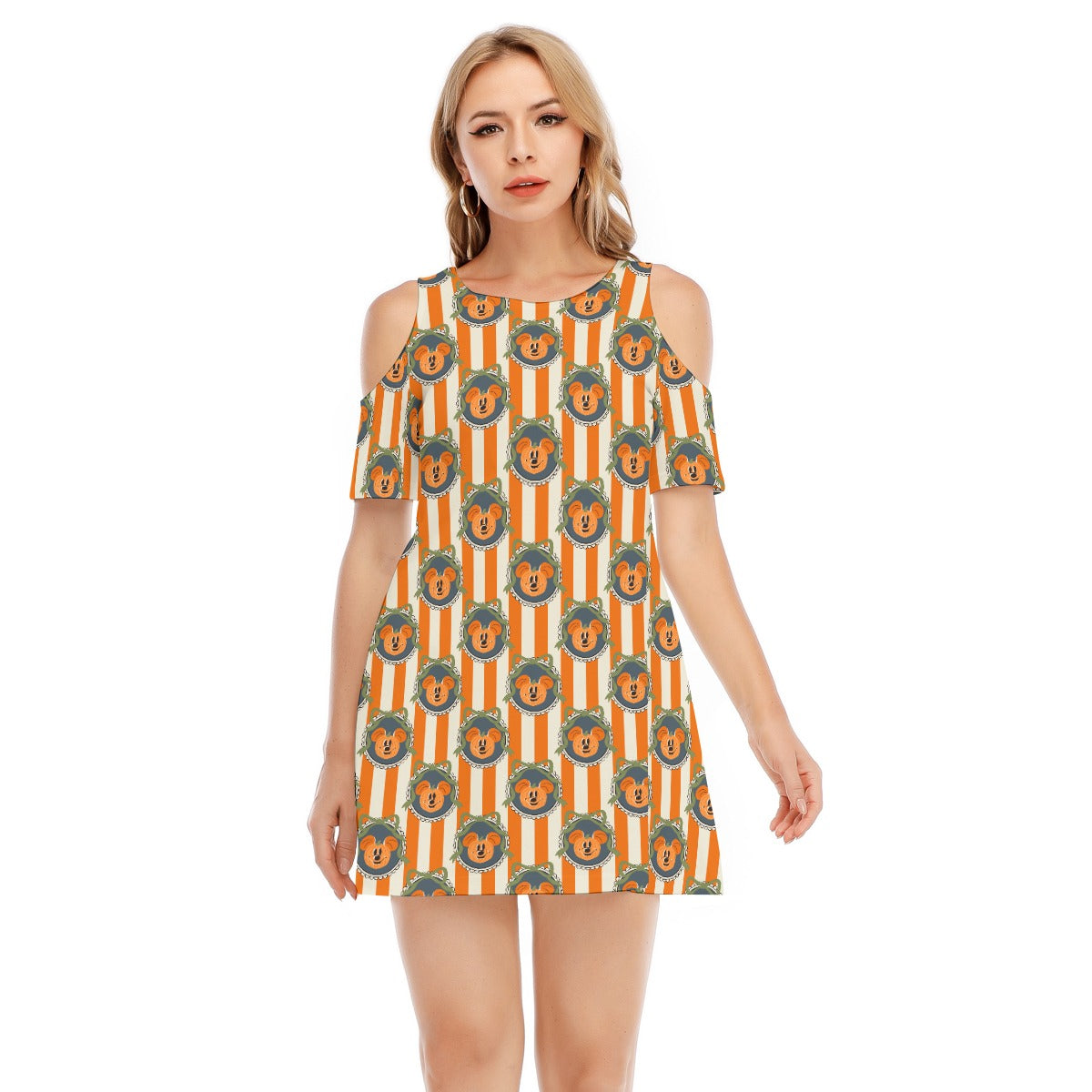 Pumpkin Cameo Stripes - Women's Cold Shoulder Cotton Dress