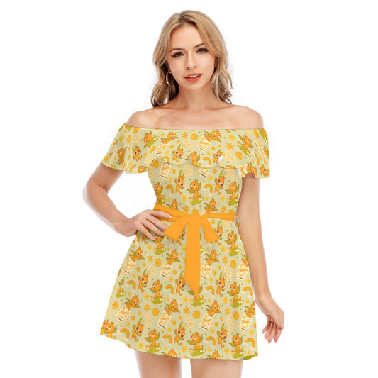 Vintage Citrus Garden - Women's Off-shoulder Ruffle Dress
