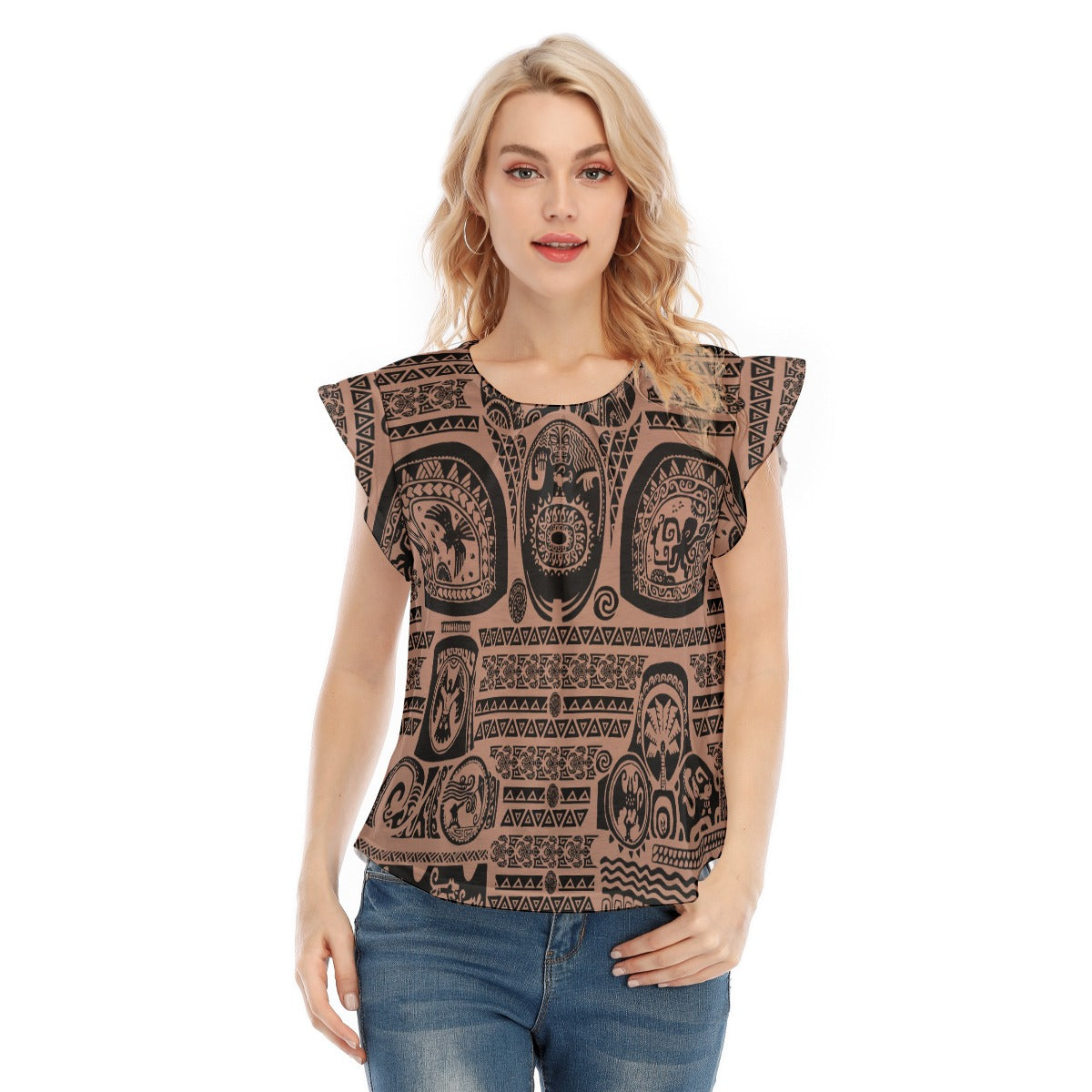 Polynesian Tattoo Motifs - Women’s Flutter Sleeve Top