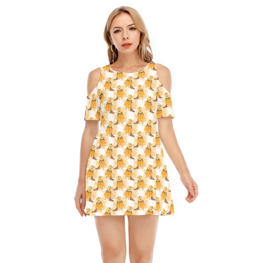 Pumpkin Bear Mischief - Women's Cold Shoulder Cotton Dress