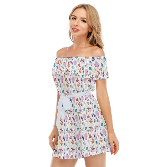 Blue Check Emotional Spectrum - Women's Off-shoulder Ruffle Dress