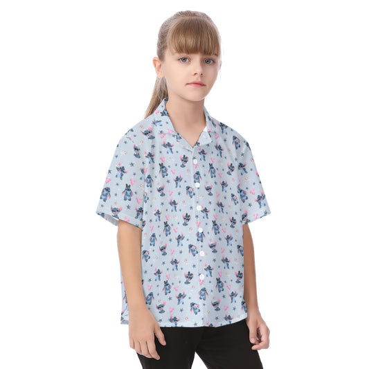 Happy Blue Alien - Kid's Hawaiian Button Up Shirt