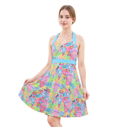Neon Floral Summer Vibesngel - Women's Halter Vintage Pocket Dress