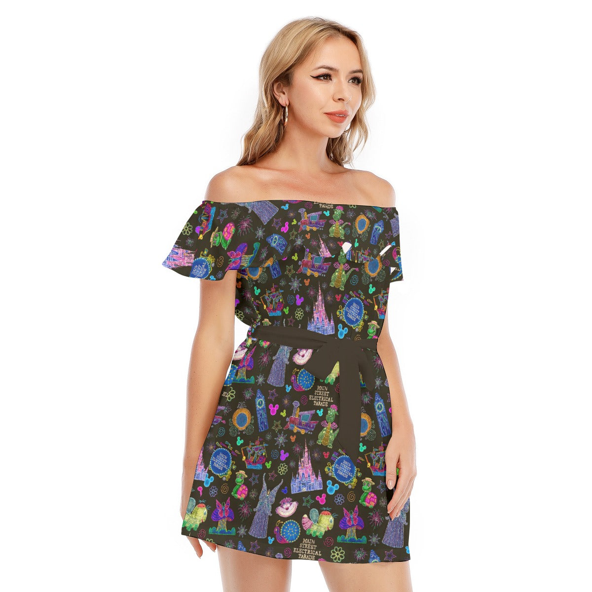 Main Street Neon Parade - Women's Off-shoulder Ruffle Dress