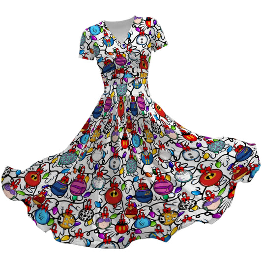 Festive Character Baubles on White - Women's V-Neck Ruched Midi Dress