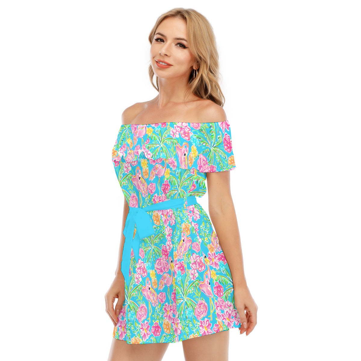 Flamingo Fiesta - Women's Off-shoulder Ruffle Dress