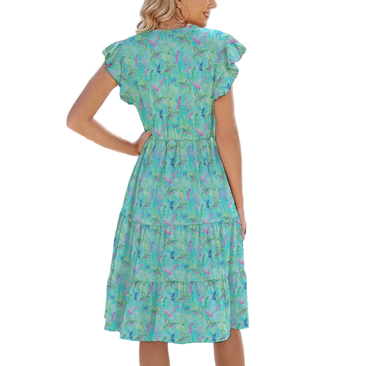 Neon Floral Baby Turtle - Women's Tiered Pocket Midi Dress