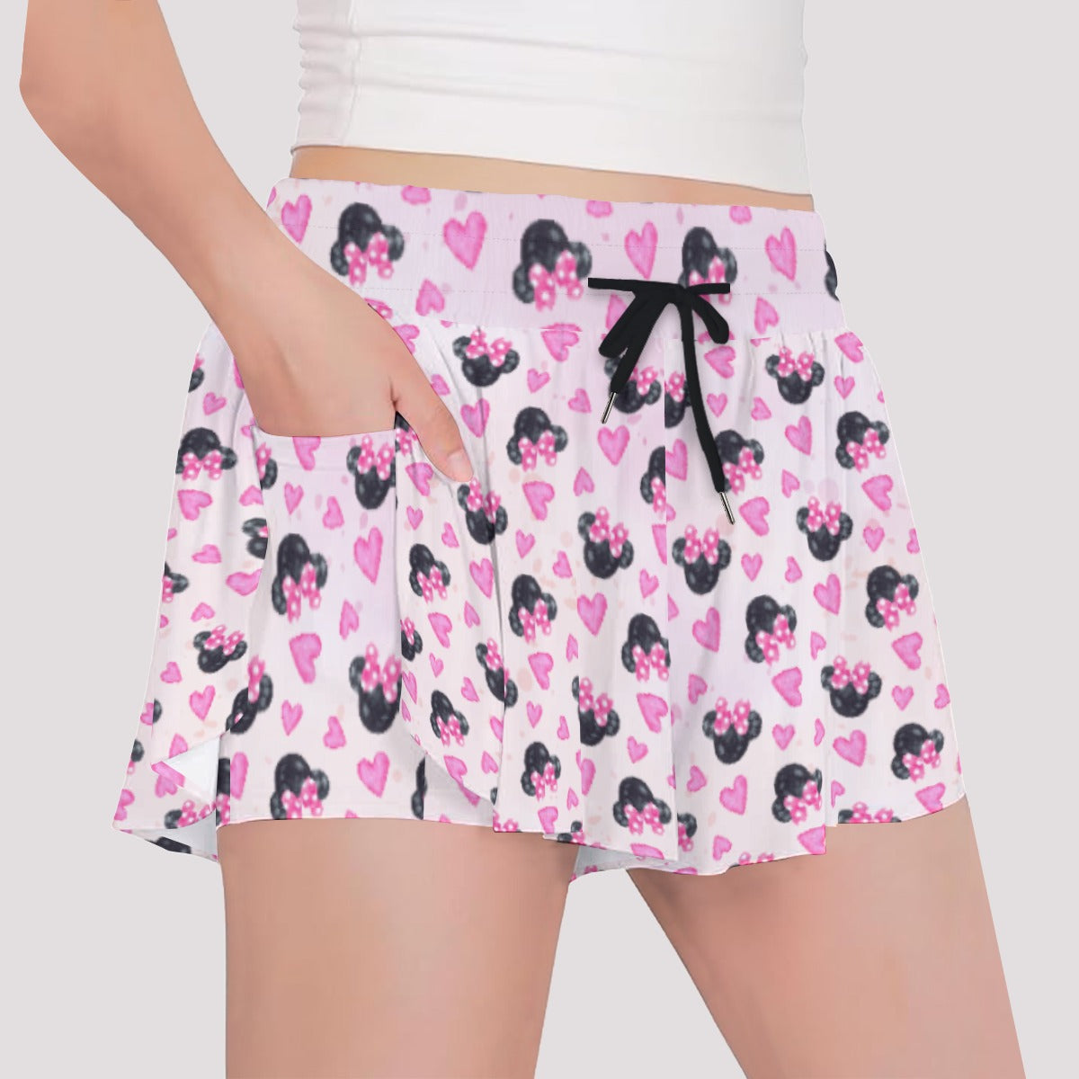 Watercolor Pink Bow Mouse Ears - Girls’ Flowy Pocket Shorts