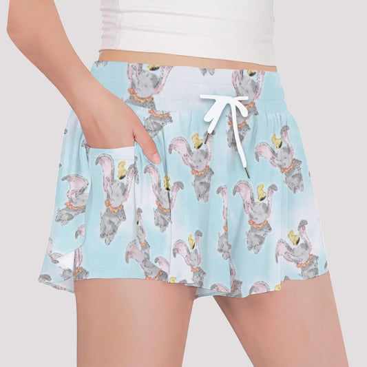 Sketch of Flying Elephant - Girls’ Flowy Pocket Shorts