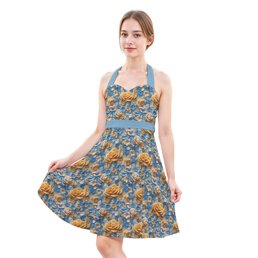 Regal Embroidered Royal Maiden - Women's Halter Vintage Pocket Dress