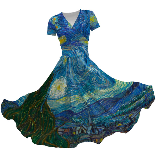 Van Gogh Starry Night - Women's V-Neck Ruched Midi Dress