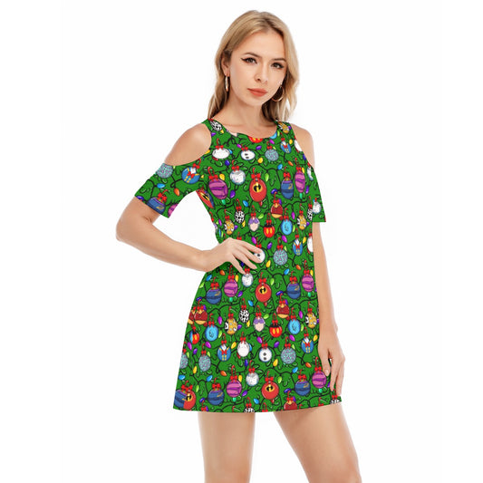 Festive Character Baubles on Green - Women's Cold Shoulder Cotton Dress