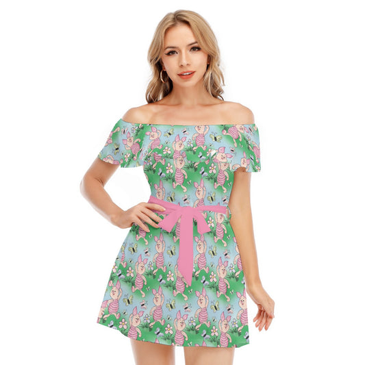 Sketched Shy Friend and Butterflies - Women's Off-shoulder Ruffle Dress