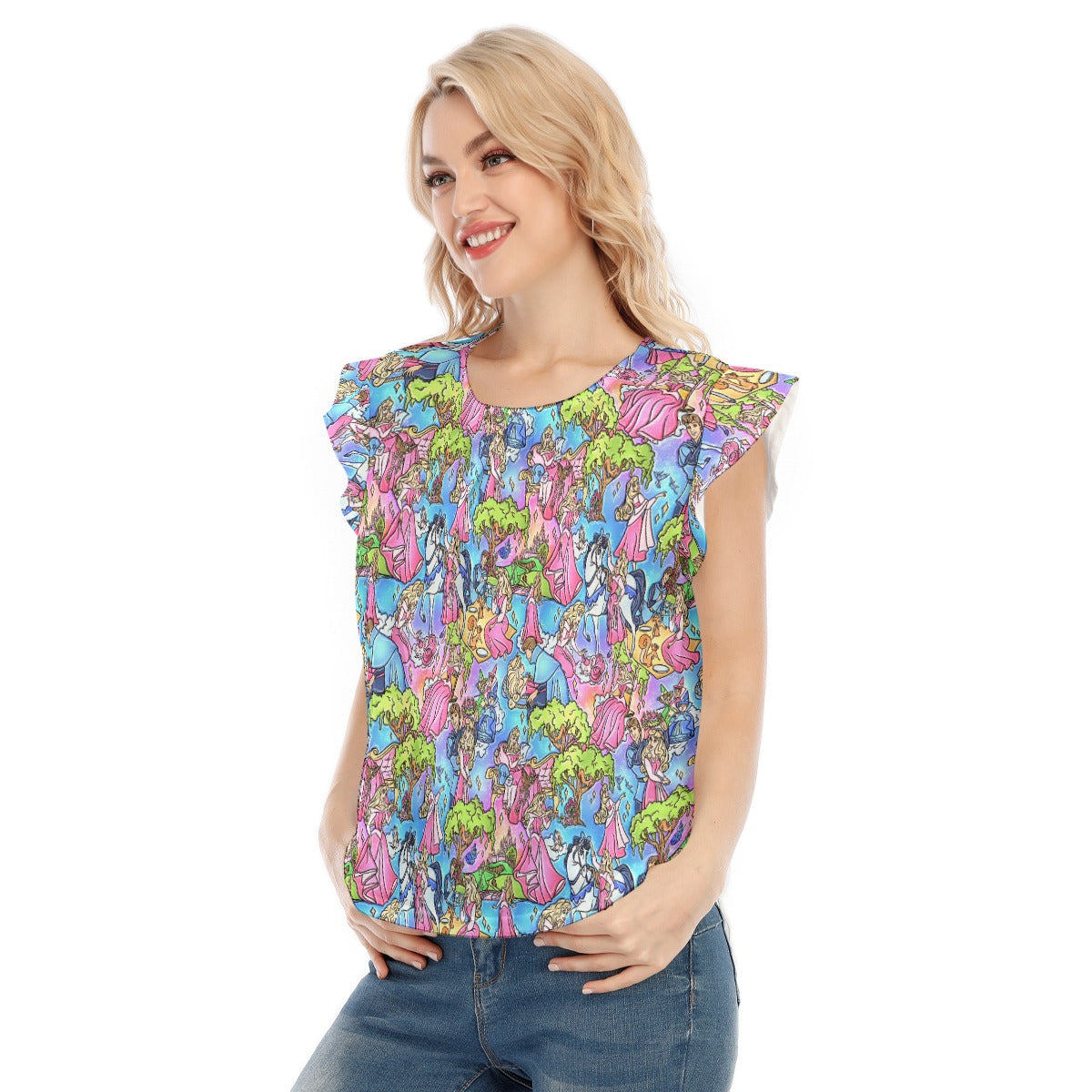 Dreaming Princess Storybook Scenes - Women’s Flutter Sleeve Top