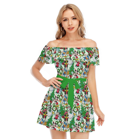 Mouse Friends Christmas Decorations - Women's Off-shoulder Ruffle Dress