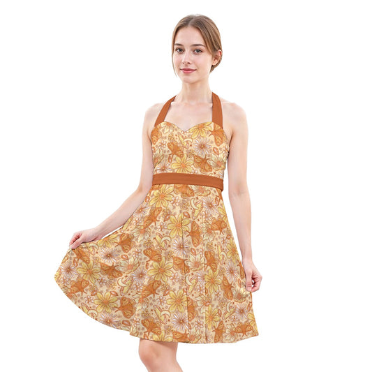 Orange Crystal Moths - Women's Halter Vintage Pocket Dress