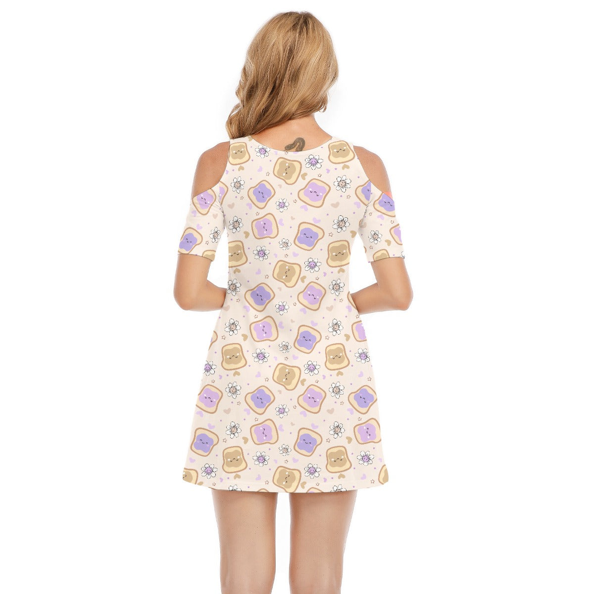 Kawaii Peanut Butter and Jelly Sandwiches - Women's Cold Shoulder Cotton Dress