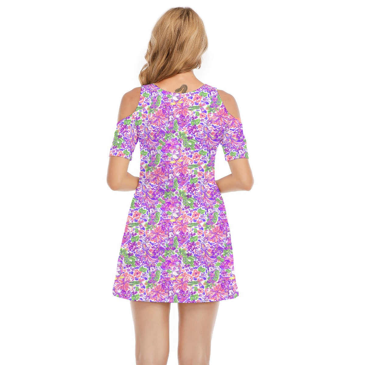 Tropical Splash Vibes - Iconic Crewends - Women's Cold Shoulder Cotton Dress