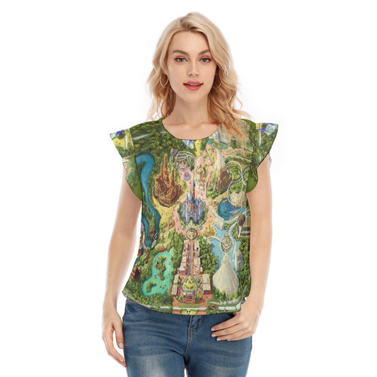 Colorful Theme Park Map - Women’s Flutter Sleeve Top