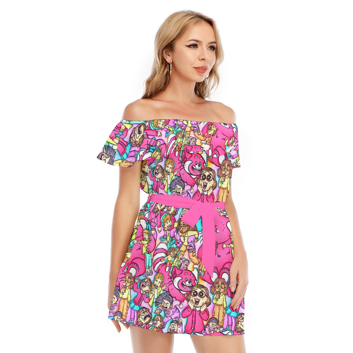 Red Panda Chaos Scenes - Women's Off-shoulder Ruffle Dress