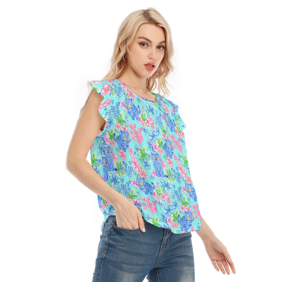Derpy Tiger Blooms - Women’s Flutter Sleeve Top