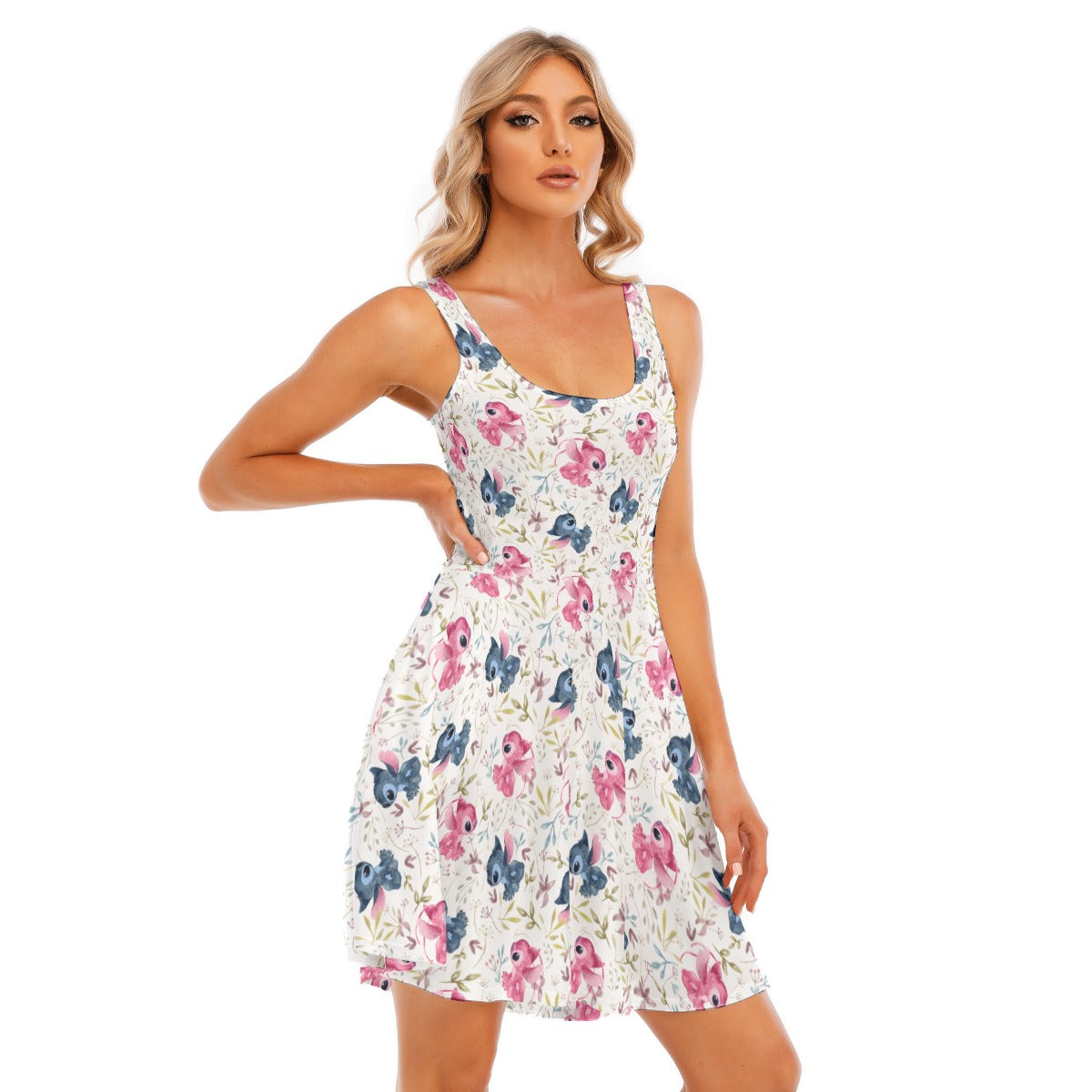 Blue Alien & Pink Friend Love - Women's Sleeveless Pocket Skater Dress