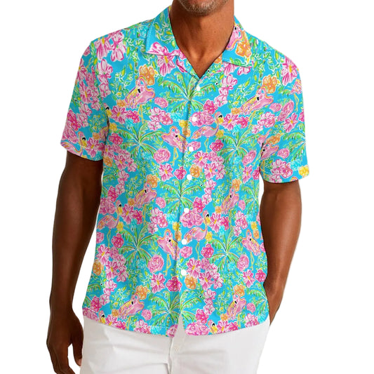 Flamingo Fiesta - Men’s Cotton-Rich Button Up Shirt