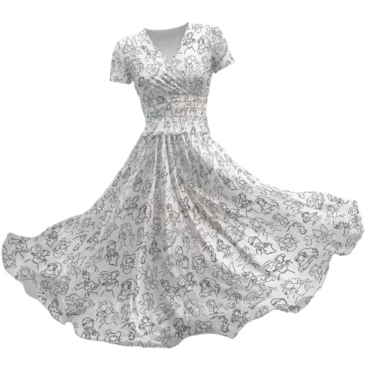 Monochrome Royal Silhouettes - Women's V-Neck Ruched Midi Dress