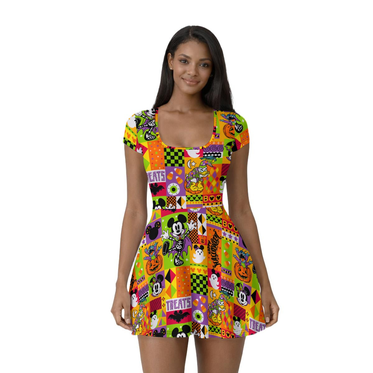 Spooky Patchwork Treats - Women’s Short Sleeve Athletic Skater Dress with Built-In Shorts