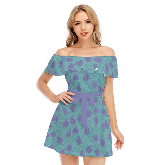 Turquoise Monster Spots - Women's Off-shoulder Ruffle Dress