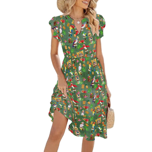 Orange Bird & Tiki Friends - Women's Tiered Pocket Midi Dress