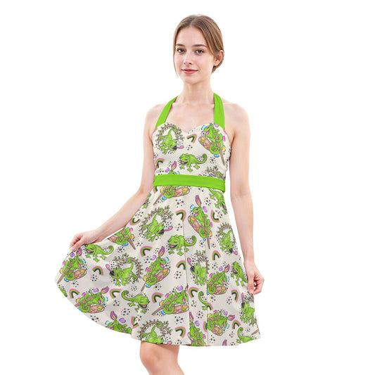 Colorful Chameleon Splash - Women's Halter Vintage Pocket Dress