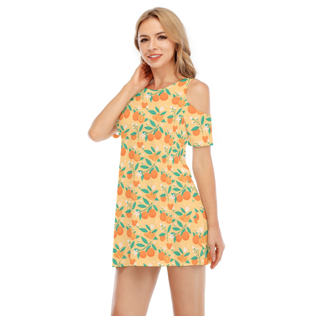 Hidden Citrus Delight - Women's Cold Shoulder Cotton Dress