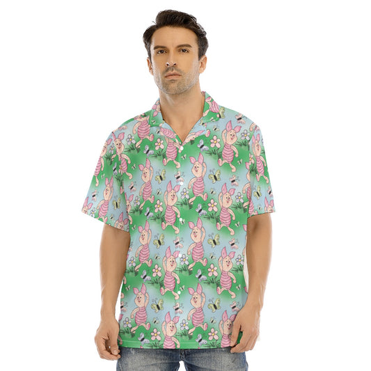 Sketched Shy Friend and Butterflies - Men's Hawaiian Button Up Shirt