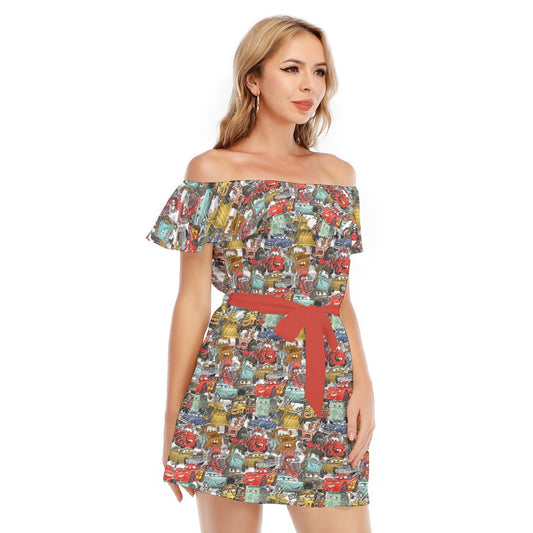 Racing Legends Sketch - Women's Off-shoulder Ruffle Dress