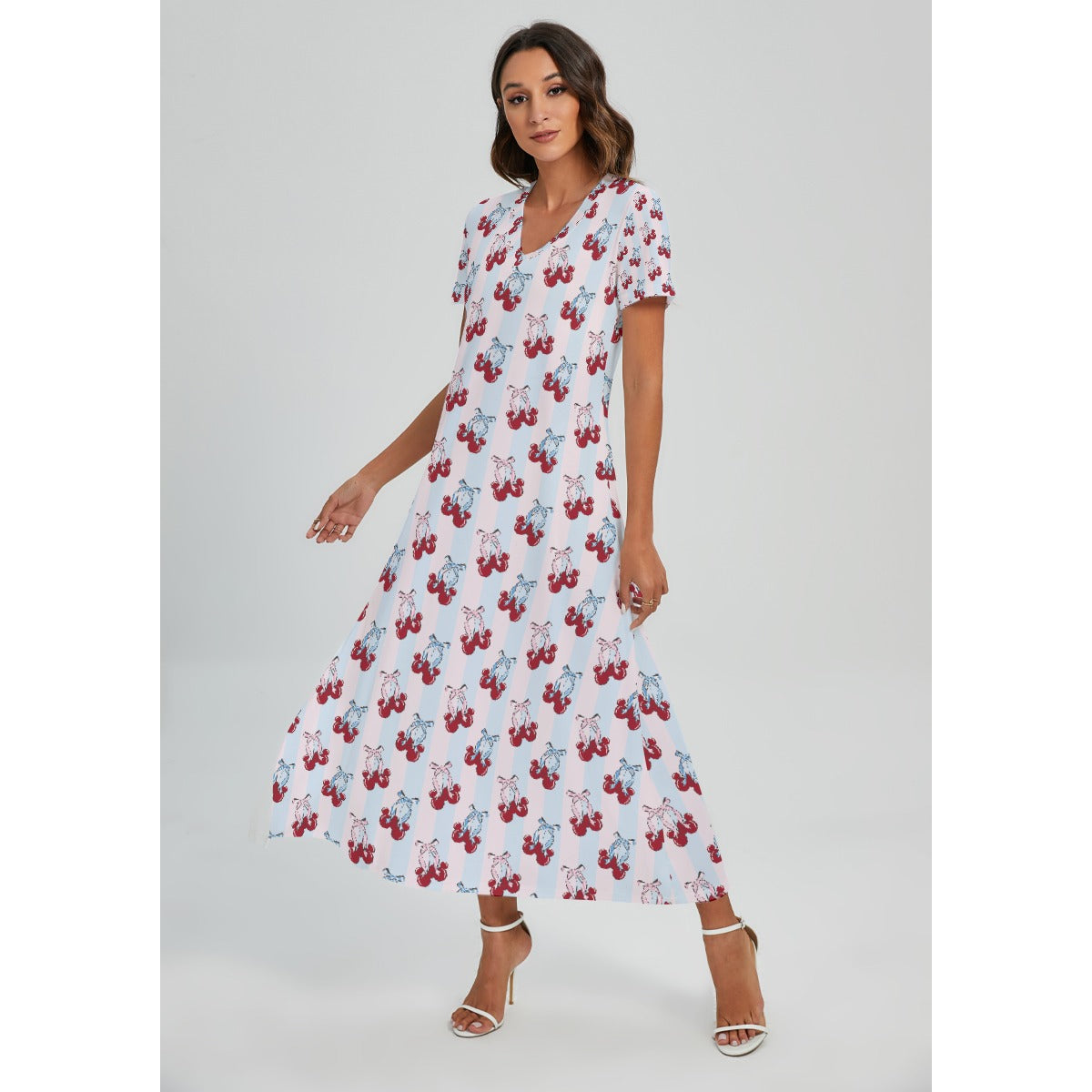 Cherry Ear Bows - Women's V-Neck Side Split Maxi Dress