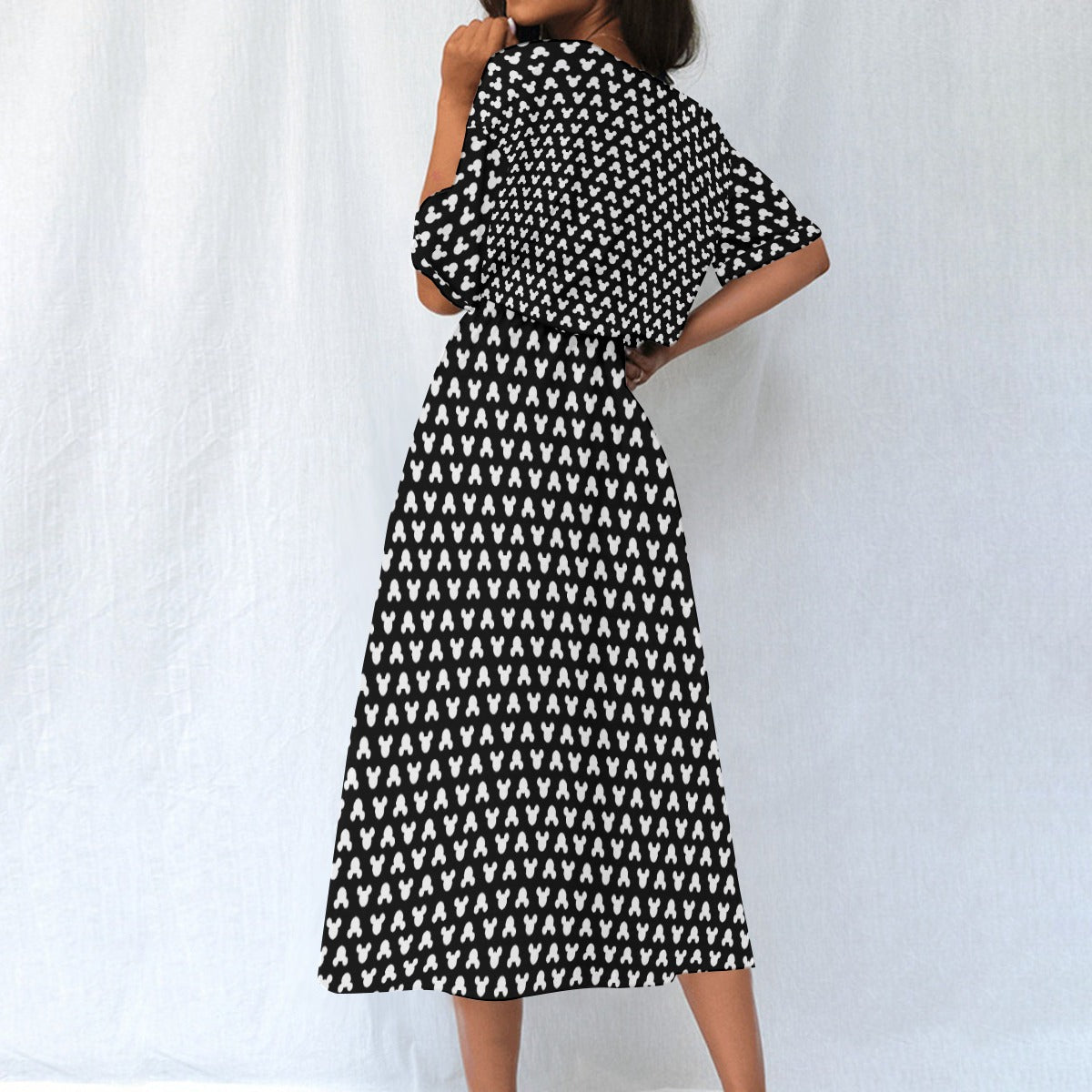 Playful Polka Dot Ears Black - Women’s Elastic Waist Pocket Midi Dress
