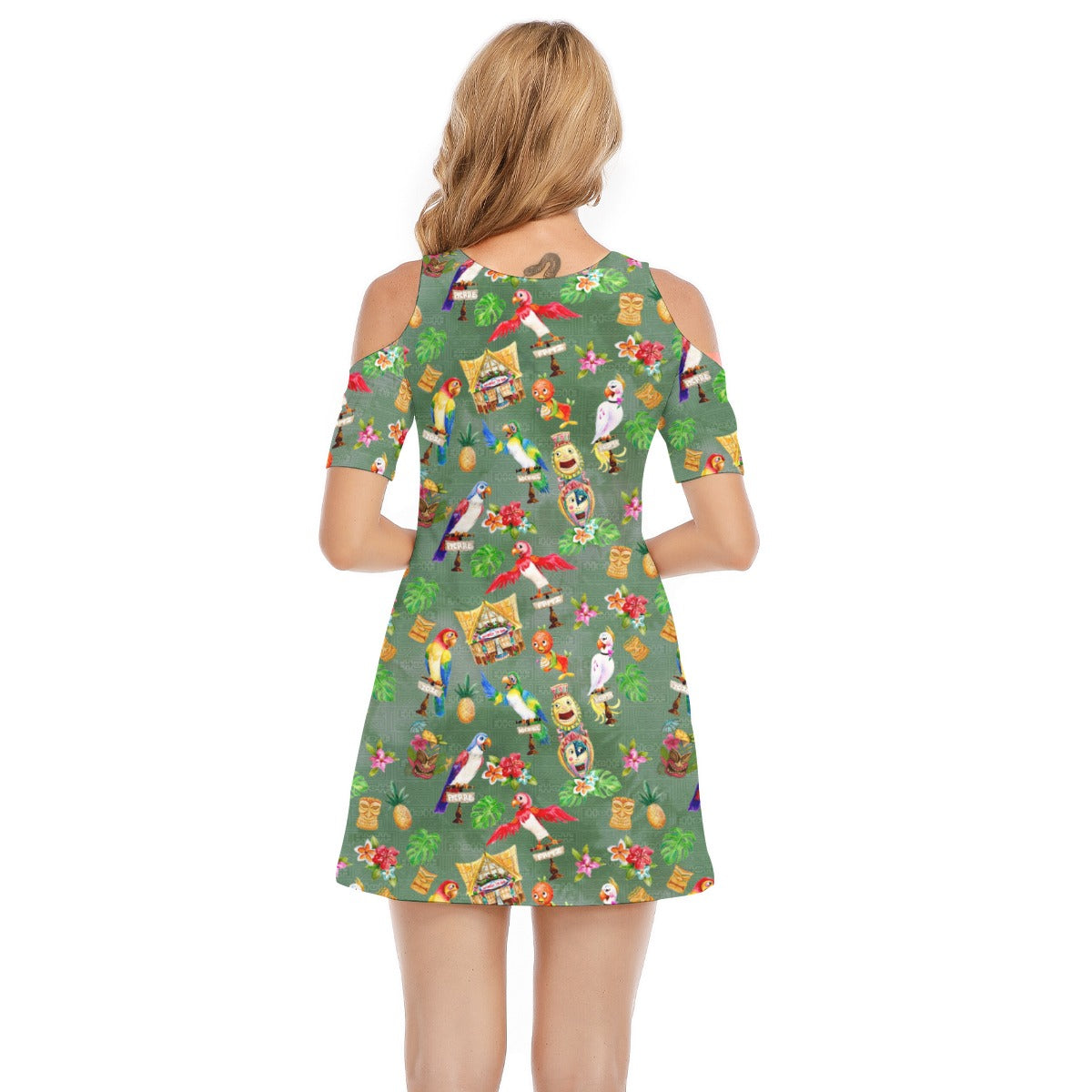 Orange Bird & Tiki Friends - Women's Cold Shoulder Cotton Dress