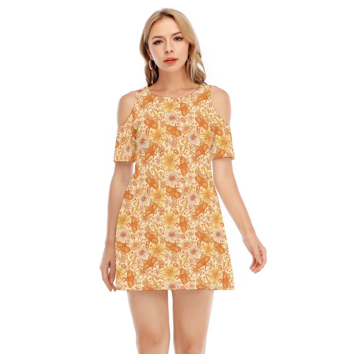 Orange Crystal Moths - Women's Cold Shoulder Cotton Dress
