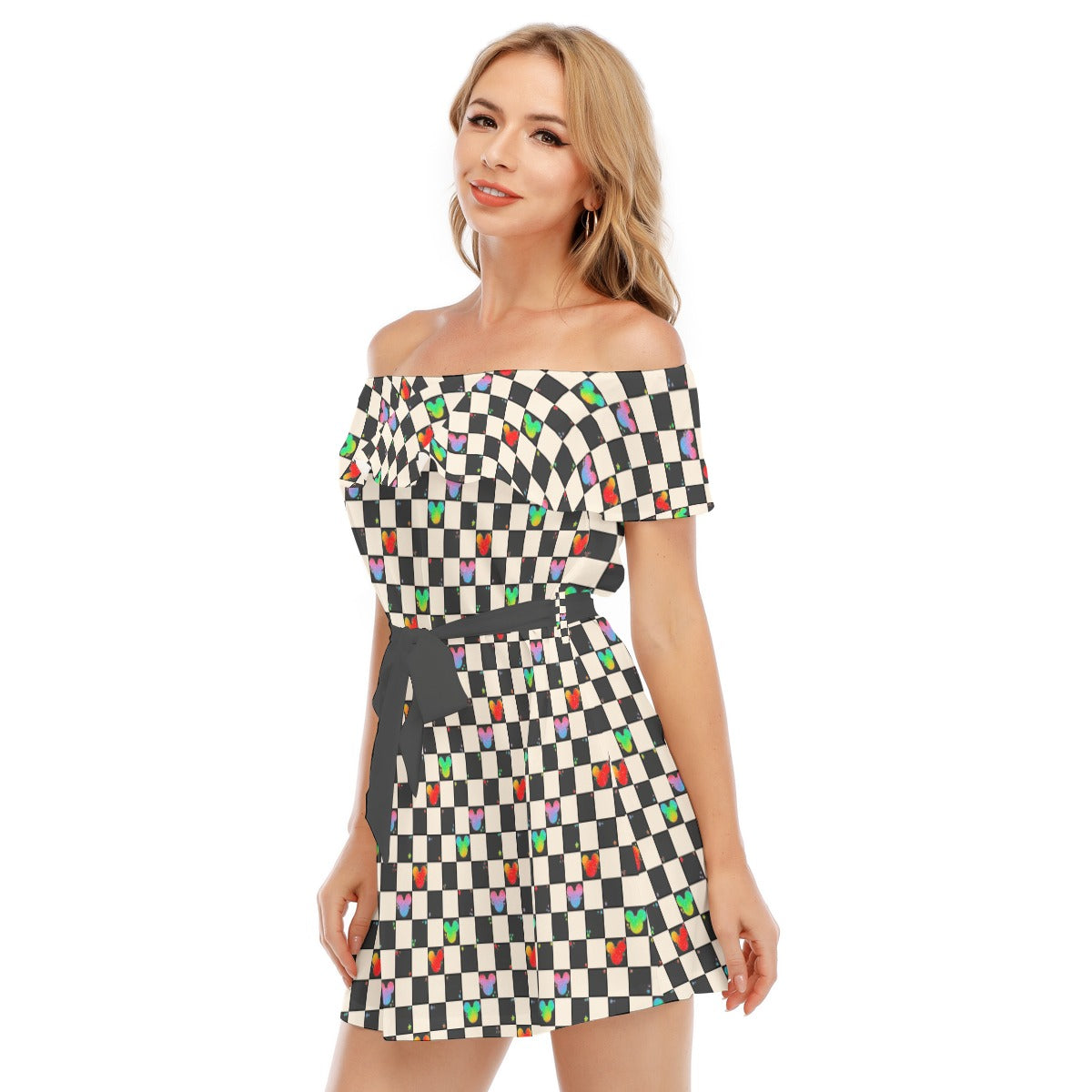 Rainbow Checker Mouse Ears - Women's Off-shoulder Ruffle Dress