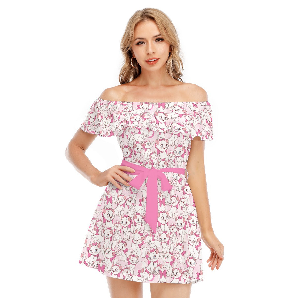 Sweet Kitten with Pink Bow - Women's Off-shoulder Ruffle Dress