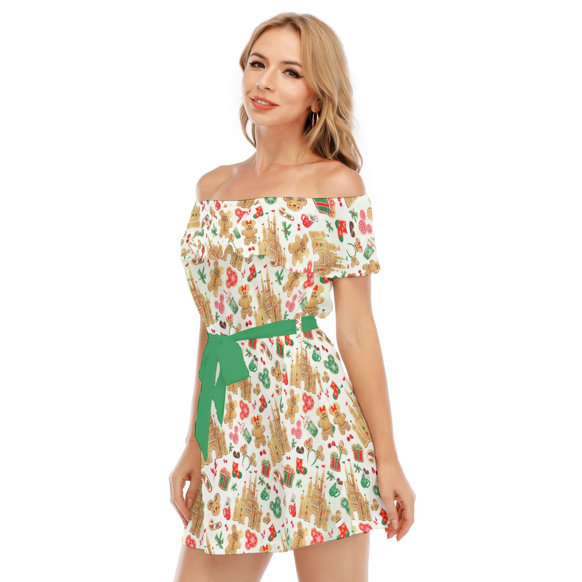 Gingerbread Castle Holiday Treats - Women's Off-shoulder Ruffle Dress