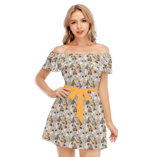 Robot Romance Sketched - Women's Off-shoulder Ruffle Dress