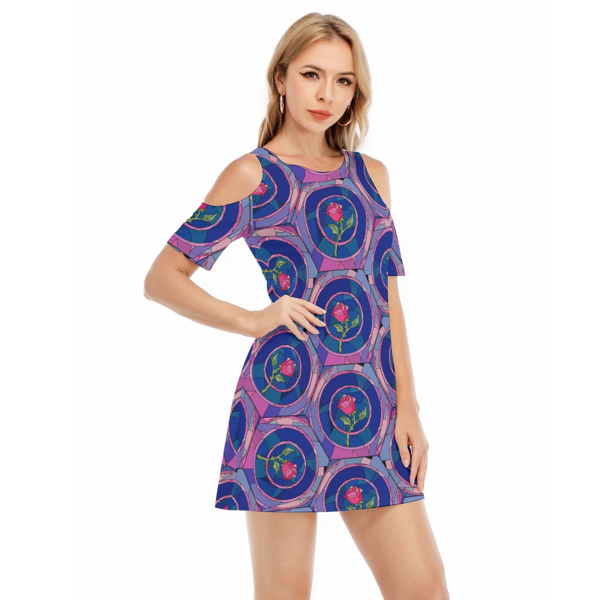 Enchanted Rose Stained Glass - Women's Cold Shoulder Cotton Dress