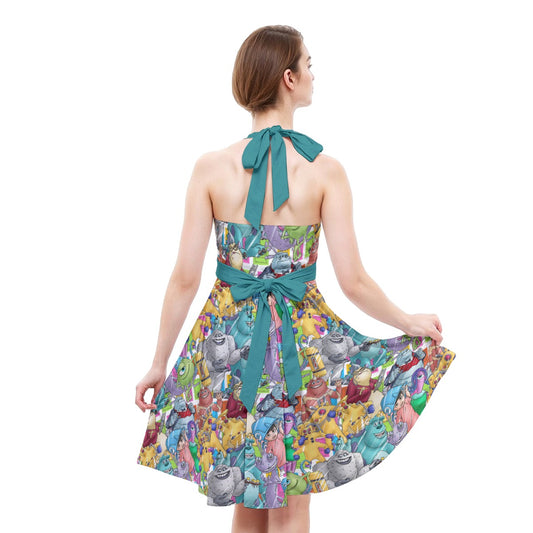 Monster Mayhem Sketched - Women's Halter Vintage Pocket Dress