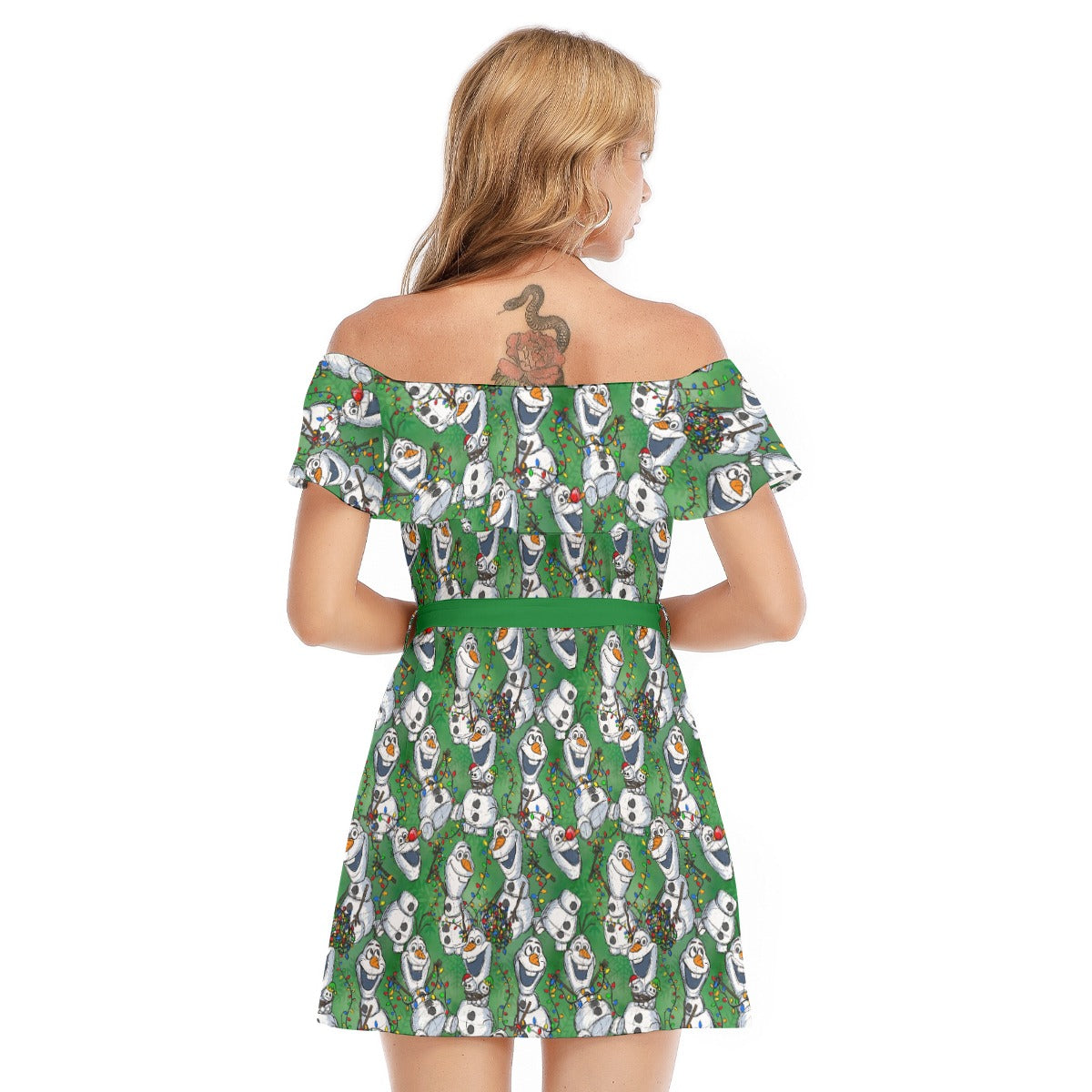 Sketched Snowman Christmas - Women's Off-shoulder Ruffle Dress