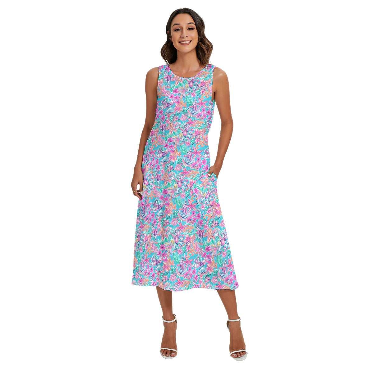 Bright Tropical Bloom - Goofy & Pluto - Women’s Diagonal Pocket Midi Dress