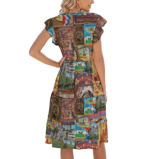 Vintage Frontier Ride Posters - Women's Tiered Pocket Midi Dress